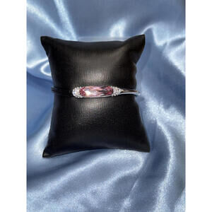 Black Leather Silver Tone Hook Band with Faceted Pink Oval Crystal